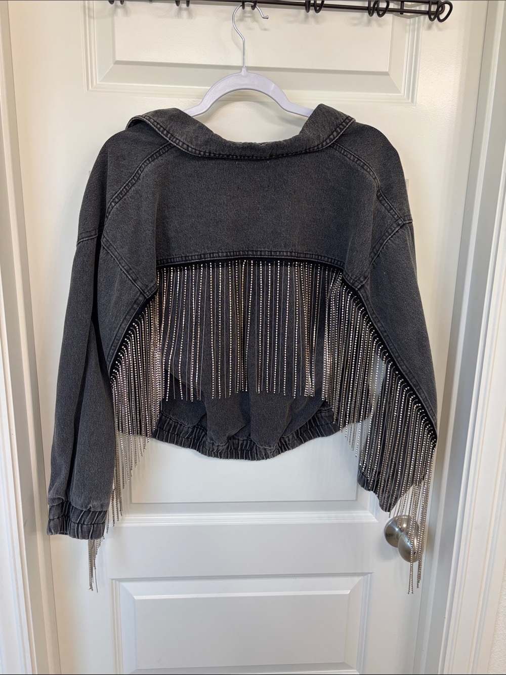 Le Lis Black Cropped Denim Sweater with Silver Fringe